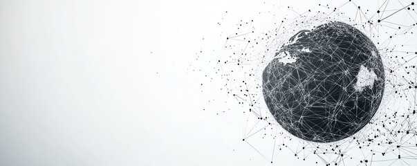 Poster - Global network concept with Earth and interconnected lines on a white background, greyblue hues, white space in the center for branding or text