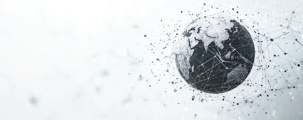 Poster - Global network concept with Earth and interconnected lines on a white background, greyblue hues, white space in the center for branding or text
