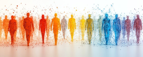 Poster - Multiple interconnected digital figures, each representing different people or groups, within a vast network in the digital space