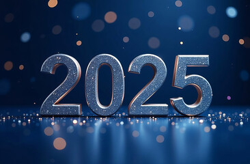 Happy new year 2025 with silver metallic numbers on dark background.