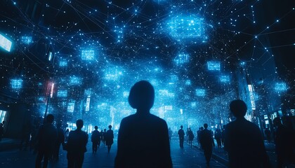 Poster - A conceptual network of people, connected in a digital space, representing the exchange of knowledge and global collaboration