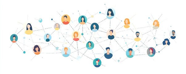 Poster - A global network of people, each symbolized by digital icons, connected in a web of online interaction and communication