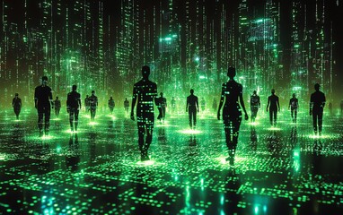 Leinwandbilder - A web of interconnected digital figures, each symbolizing different people or groups, forming a network in the virtual space of digital interaction
