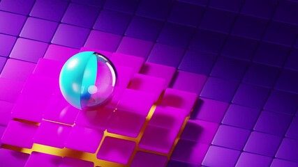 Wall Mural - abstract colorful motion graphic, infinite rolling glass sphere on floating square platforms, 4k sea