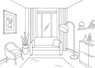 Fototapete - Living room graphic black white interior sketch illustration vector 