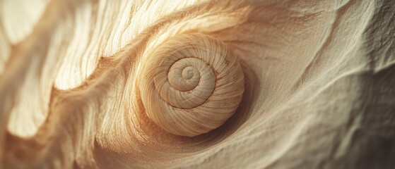 A beautifully detailed spiral shell is enveloped in soft, flowing fabric, creating a harmonious blend of nature and texture.