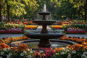 Canvas Print - Colorful flower garden with a fountain in a vibrant park setting