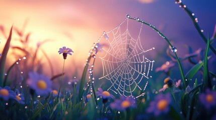 Delicate spider web adorned with morning dew capturing the beauty of nature at dawn