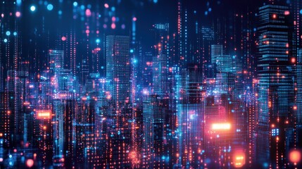 Abstract futuristic cityscape with glowing lights and digital data streams.