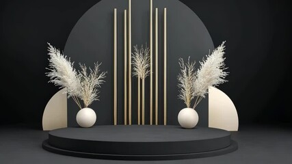 Wall Mural - a simple stage with white pampas grass and a black backdrop