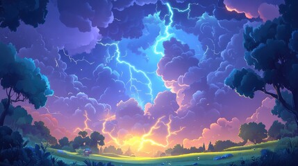 Wall Mural - Dramatic lightning illuminating the stormy sky during a thunderstorm captivating natural phenomenon