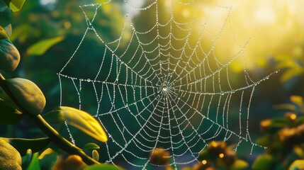 Close up of a spectacular woven spider web glistening with morning dew showcasing intricate natural patterns