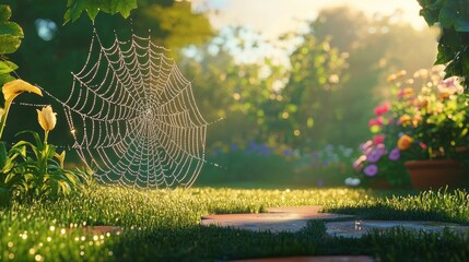 Delicate spider web glistening with morning dew in a peaceful garden setting nature s artistry
