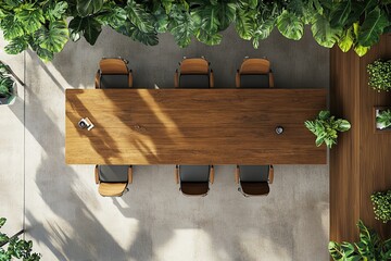 Poster - A modern conference room featuring a long wooden table surrounded by green plants in a well-lit setting. Generative AI