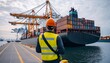 © Jiraphat - A dock worker monitors the loading of a cargo ship, surrounded by towering cranes and containers, set against a cloudy sky.