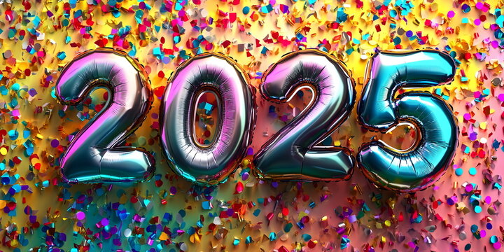 Numbers 2025 made out of chrome helium balloons, on a colorful confetti explosion background Christmas and New Year wide horizontal banner