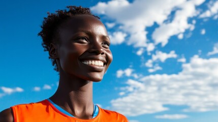 Wall Mural - A woman with a big smile on her face is wearing an orange shirt