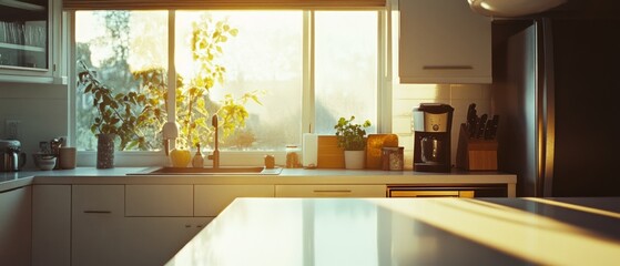 Wall Mural - Sunlight streams through a kitchen window, illuminating plants on the counter. The scene evokes warmth and tranquility in a cozy morning setting.