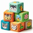 © Marina - Kid toys: Multicolored soft cubes featuring animals, plants, and various objects, presented on a white background. AI generated.