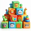 © Marina - Kid toys: Multicolored soft cubes featuring animals, plants, and various objects, presented on a white background. AI generated.