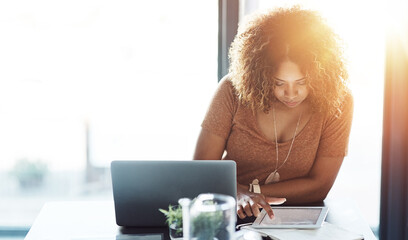 Poster - Business woman, designer and office with tablet for research, app or creative strategy. Young, female person or employee with technology for network, communication or online browsing at workplace