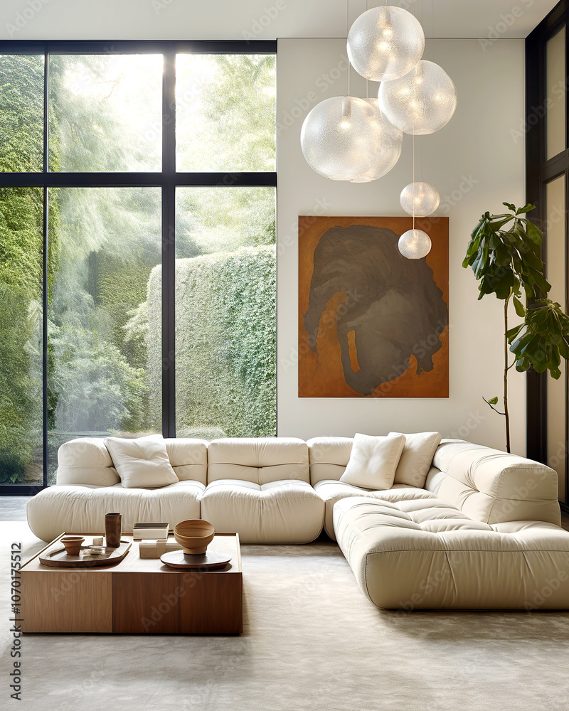 Minimalist home interior design of modern living room with lush green ...