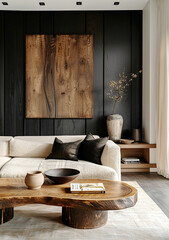 Farmhouse, country style home interior design of modern living room. Rustic style living area with beige sofa, black wall paneling, and organic wood artwork for a warm, natural ambiance.