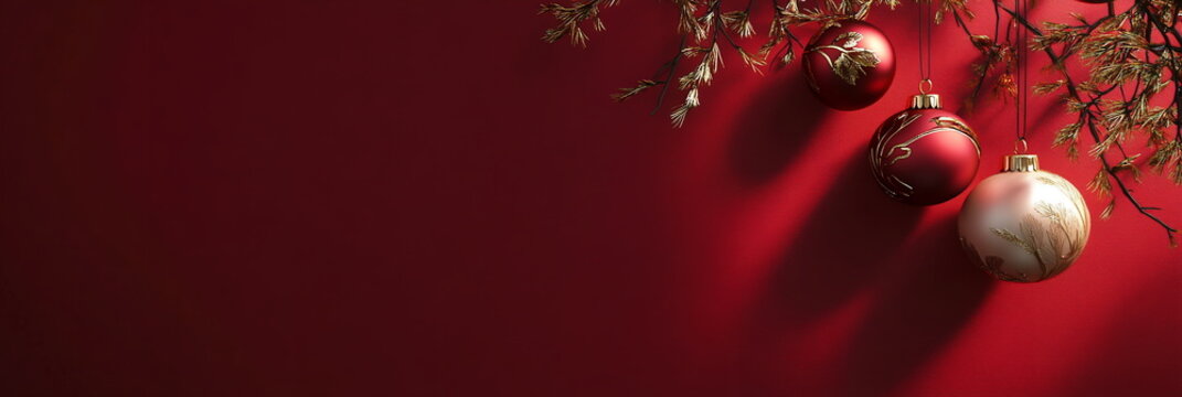 Elegant banner with auspicious symbols on a deep maroon solid background. Horizontal wide web Chinese New Year backdrop with copy space, social media template, traditional festive elements