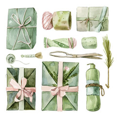 Wall Mural - A watercolor vector of gift wrapping supplies, isolated on a white background.