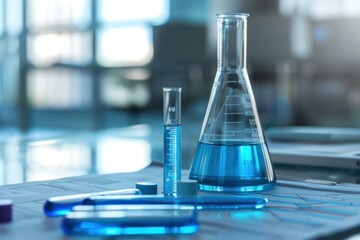 Poster - Laboratory glassware containing blue chemical liquid is sitting on a table with scientific charts for a science experiment