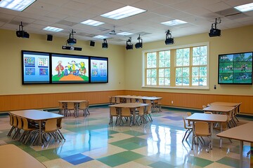 Poster - Kindergarten reading classroom, interactive wall, decorative design, with interactive screens and surveillance cameras on the top.generative ai