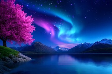 Night Sky Aurora Over Pink Tree Reflecting Calm Lake Mountains