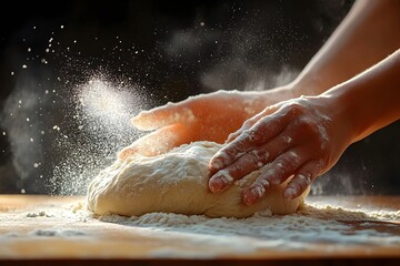 A person kneading bread dough on a floured wooden surface, with flour dusting the kitchen counter and hands in motion.