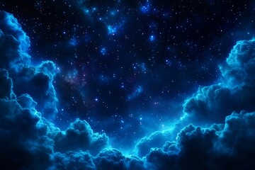 Wall Mural - Night sky with swirling clouds and glowing blue stars.