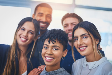 Leinwandbilder - Business people, happy and portrait in office for diversity, confidence and staff collaboration. Employees, teamwork and professional in workplace for partnership, growth and company development