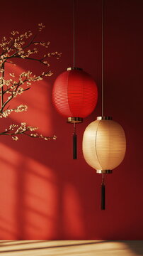 Elegant banner with lanterns on a red solid background. Vertical Chinese New Year backdrop with copy space, social media stories template with traditional festive elements