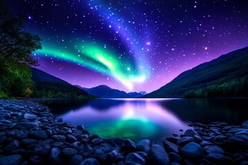 night sky shot of aurora borealis over a mountain lake