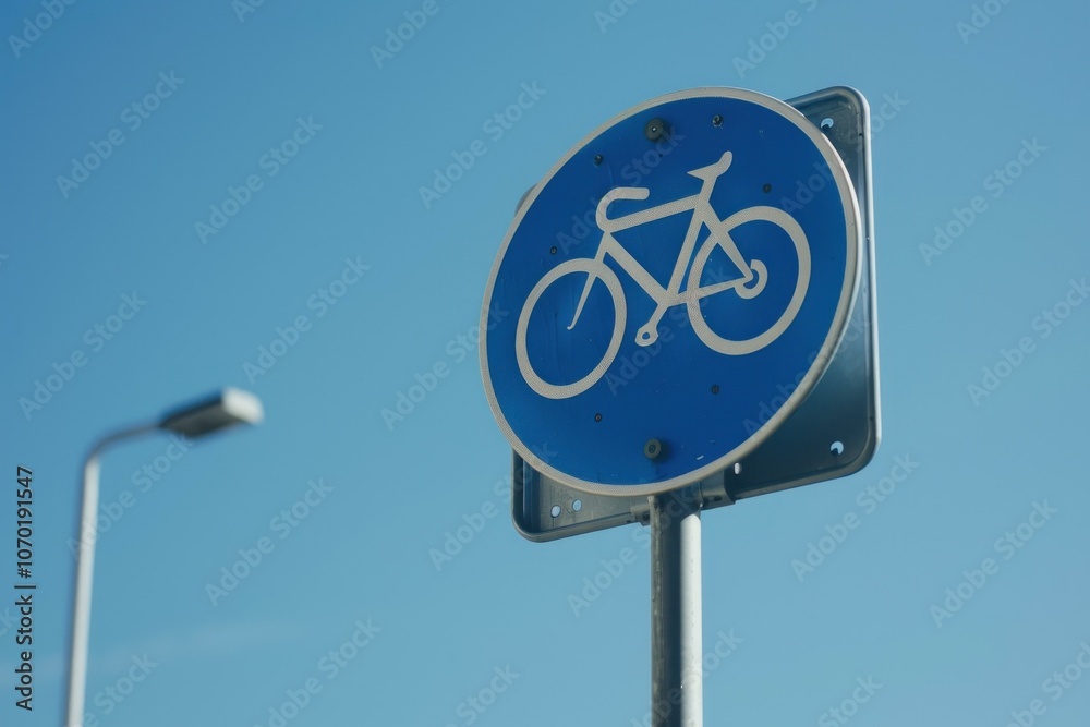 Blue and white bicycle sign is standing in front of a clear blue sky ...