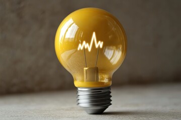 A yellow light bulb with a wavy line on it. The bulb is lit up and the wavy line is glowing