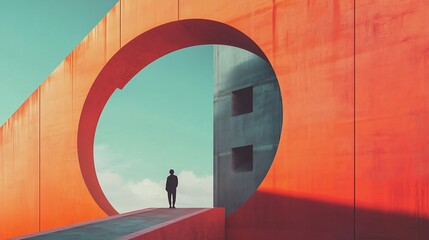 Poster - A lone figure stands before an abstract architectural structure with a circular opening under a blue sky in a vibrant urban setting