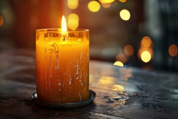 Poster - Candle is burning on a table, casting a warm light with a blurred background of bokeh