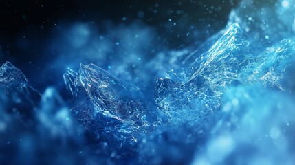 Poster - Close-up view of shimmering blue ice crystals illuminated by soft light in a dark setting, highlighting their intricate structure and texture