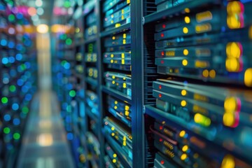 Poster - Server room with flashing lights on a network server array