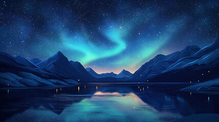 Wall Mural - Stunning night sky panorama with northern lights and stars shimmering over a peaceful lake