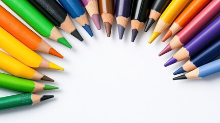 Vibrant crayons arranged in a circle, showcasing a spectrum of colors on a crisp white background