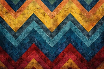 Poster - Colorful chevron pattern on textured wooden panels creating a vibrant visual display in a spacious interior setting. Generative AI