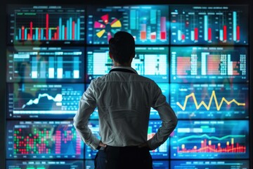 Poster - Businessman is standing with his hands on his hips looking at multiple computer screens with stock market charts