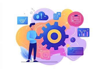 Poster - A person engaging with technology and data visualization against a vibrant background featuring cloud and gear graphics. Generative AI