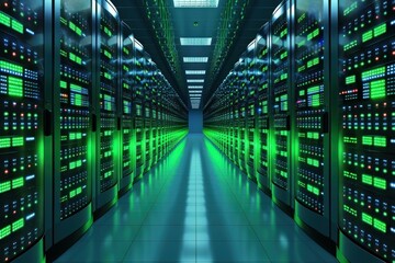 Poster - Server racks with blinking green lights are filling a data center