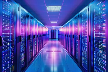 Poster - Server racks emitting vibrant purple and blue neon light illuminating a modern data center